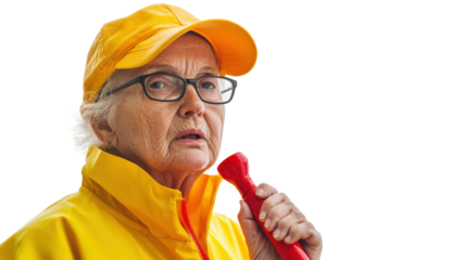 An old woman proudly wearing a lifeguard uniform while holding a rescue flotation device, perfect for illustrating themes of dedication, safety, and age diversity in lifeguarding professions..