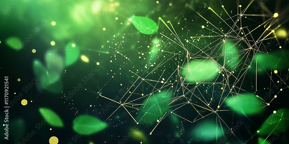 Poster Futuristic Green Leaf Design with Network Mesh on Digital Eco Background : Generative AI