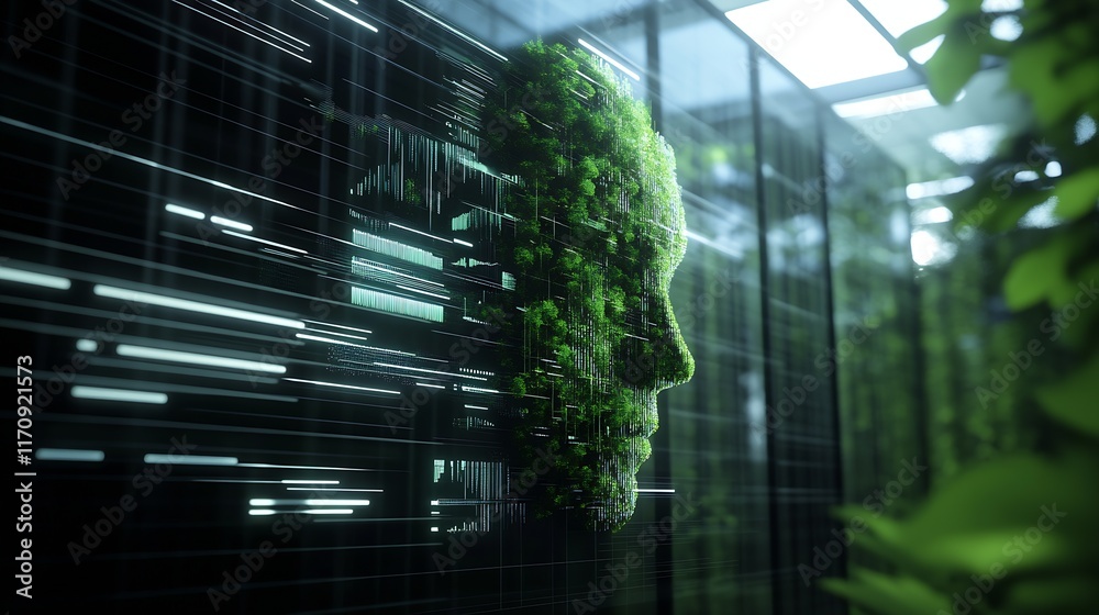 Aufkleber innovative ai and nature integration with moss covered digital face and green technology : generativ