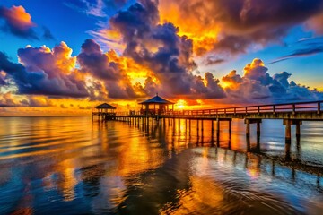 Fototapeta premium Houston Sunset Pier: Vibrant Colors & Silhouetted Structures at Dusk