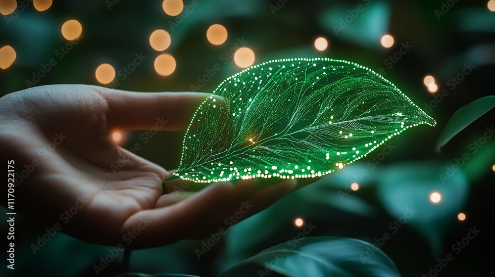 Poster Futuristic Green Leaf with Digital Glowing Pixels in a Hand Symbolizing Sustainability : Generative AI