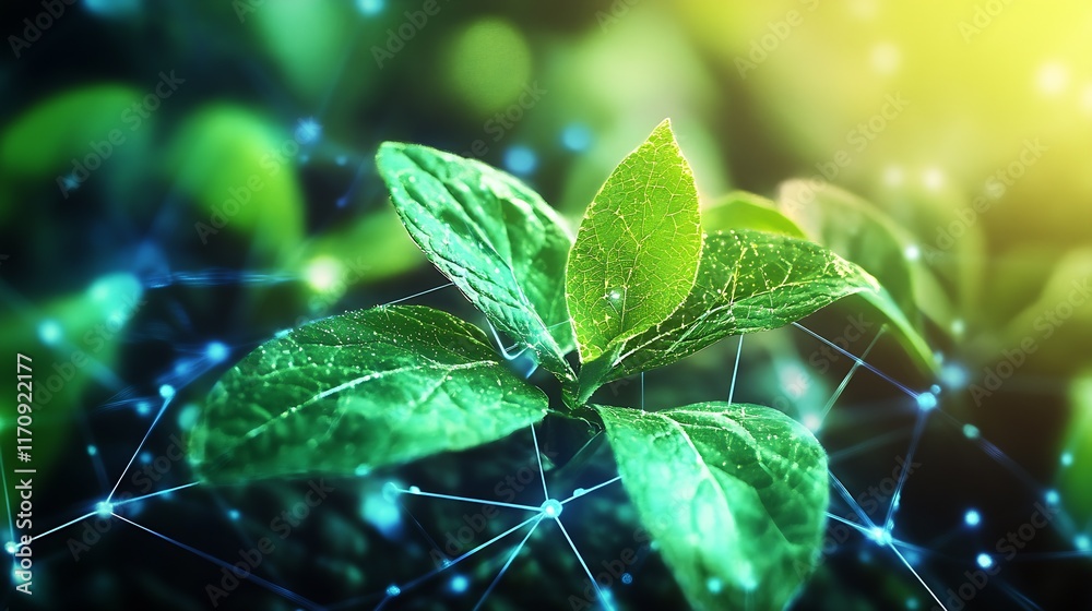 Aufkleber Green Leaf with Digital Network Connections Symbolizing Innovation and Growth : Generative AI