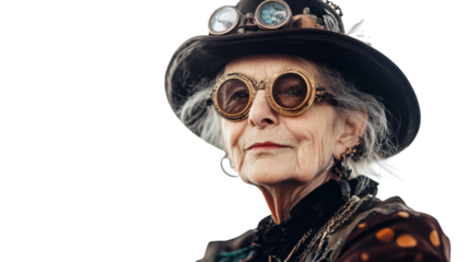 A beautifully crafted illustration of an old woman in a retro steampunk inspired setting, perfect for themes of nostalgia, creativity, and unique fashion..