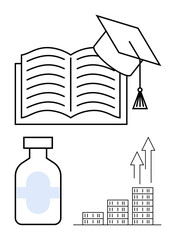 Open book with a graduation cap, medicine bottle, and bar graph with rising arrows. Ideal for education, healthcare, industry growth, financial success, knowledge advancement, healthcare investment