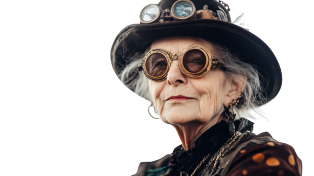 A beautifully crafted illustration of an old woman in a retro steampunk inspired setting, perfect for themes of nostalgia, creativity, and unique fashion..
