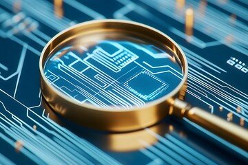 Closeup of Circuit Board Under Magnifying Glass Featuring Microchip Technology : Generative AI