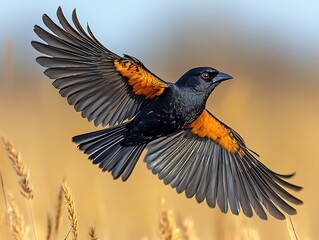 Longtailed Widowbird Euplectes progne striking black bird a dramatically long tail soaring over tall golden grass in an African savanna