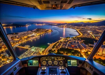 Ibiza Night Aerial View: Stunning Cityscape from Airplane Cockpit at Departure