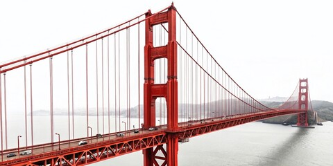 Fototapeta premium Iconic Red Suspension Bridge Isolated on White, American Landmark, Golden Gate Style
