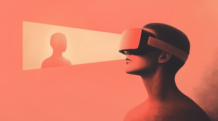 Female exploring virtual reality in abstract red tones