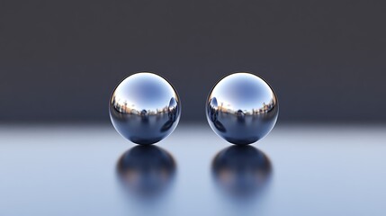 A pair of sleek metallic spheres placed symmetrically on a smooth reflective surface with a gradient background.