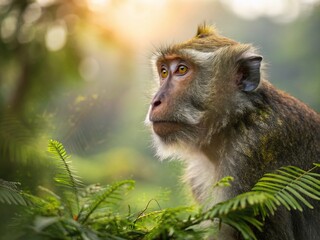 Obraz premium Indonesian Long-tailed Macaque Double Exposure Jungle Scene Stock Photo