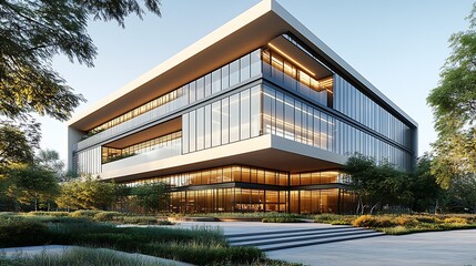 Fototapeta premium Contemporary Glass Office Building with Environmental Integration and Natural Lighting : Generative AI