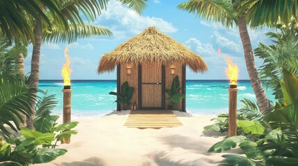 Tropical Beach Hut with Torches and Palms