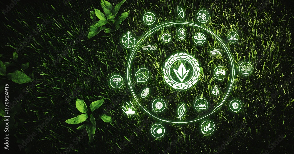 Poster Advanced Eco Technology Interface with Circular Green Symbols on Leafy Background : Generative AI