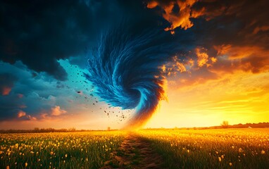 A dynamic 3D render showcasing a powerful tornado in action, with swirling winds and debris, symbolizing nature's raw force and intensity.