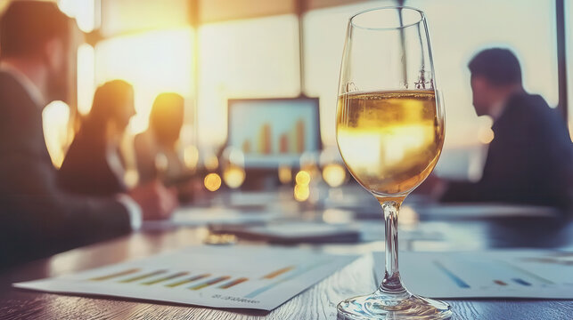 glass of sparkling drink in business meeting with charts and graphs