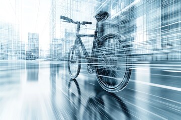 Obraz premium A blurred bicycle in a modern urban setting, symbolizing speed and movement.