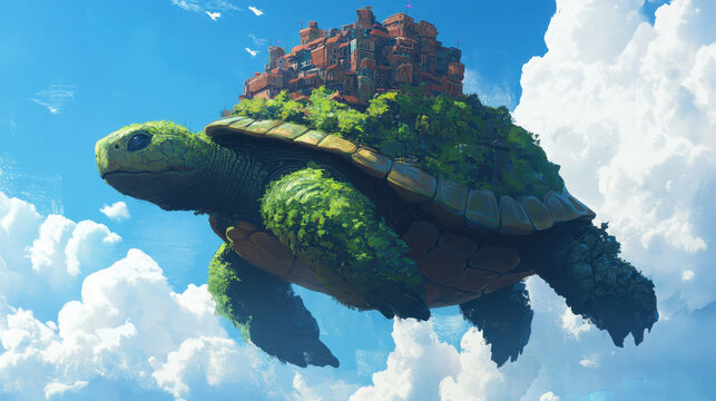 Giant Turtle Carriage Flying Through a Lush Sky with Clouds and a City