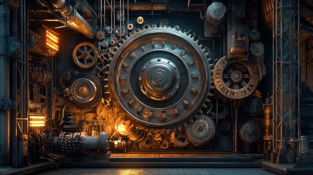 A dynamic industrial scene with rotating wheels, gears, and pistons working together to generate a powerful flow of energy and movement.