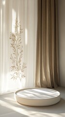 A serene interior scene featuring a circular platform, elegant curtains, and soft natural light.