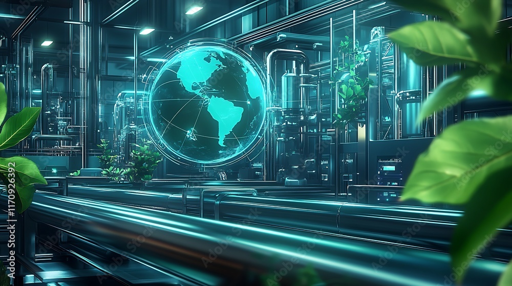 Poster futuristic industrial scene with global connectivity and natural elements : generative ai