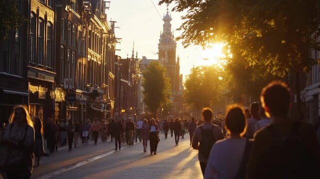 Warm Sunset on a Busy City Street: People Walking in the Golden Hour Light