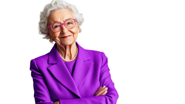 An old woman dressed in a vibrant purple blazer exuding confidence and style, perfect for fashion-related content, promoting individuality and age diversity..