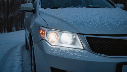 Obraz premium Snow-covered car headlights illuminated in winter scenery, safety check