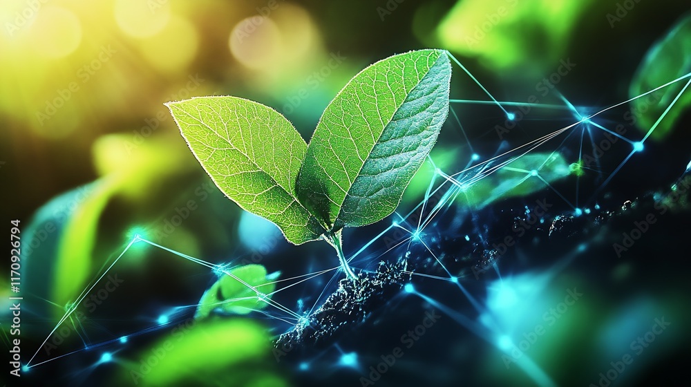 Poster leaf emerging from soil with digital connections highlighting sustainable innovation : generative ai