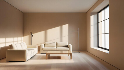 A living room with a sofa is positioned against a beige wall, illuminated by rays of sunlight through the window