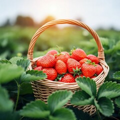 Korb mit frisch gepflückten reifen Erdbeeren auf dem Erdbeerfeld