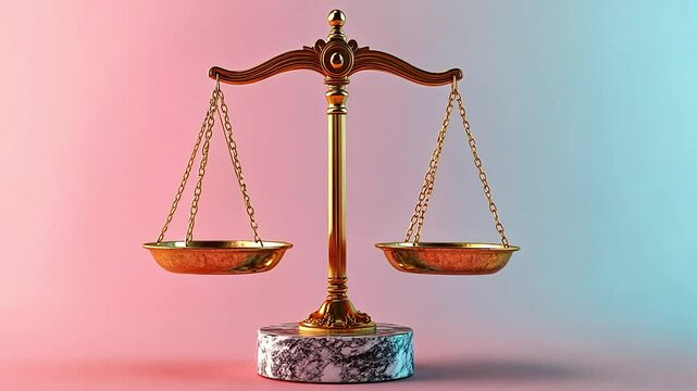 Golden scales of justice on marble base, isolated on pink and blue gradient background.