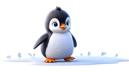 Adorable cartoon penguin chick waddling on melting ice.