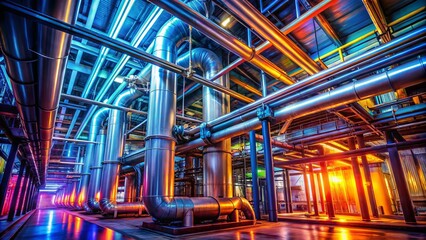 Long Exposure: Colorful Industrial Pipes & Tanks Interior
