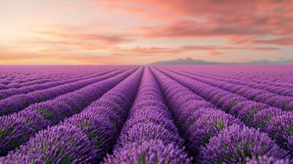 Naklejka premium A serene lavender field stretches under a colorful sunset, showcasing vibrant purple rows that create a peaceful and picturesque landscape.
