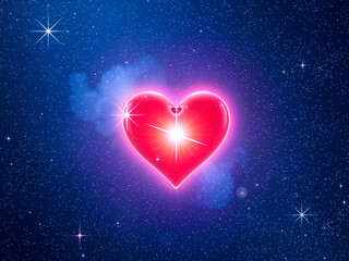 Neon heart glowing brightly on a dark blue background, ideal for love-themed or modern artistic concepts. Generative AI