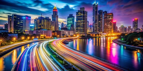 Fototapeta premium Long Exposure Cityscape at Night, Vibrant Urban Lights, Glowing Metropolis