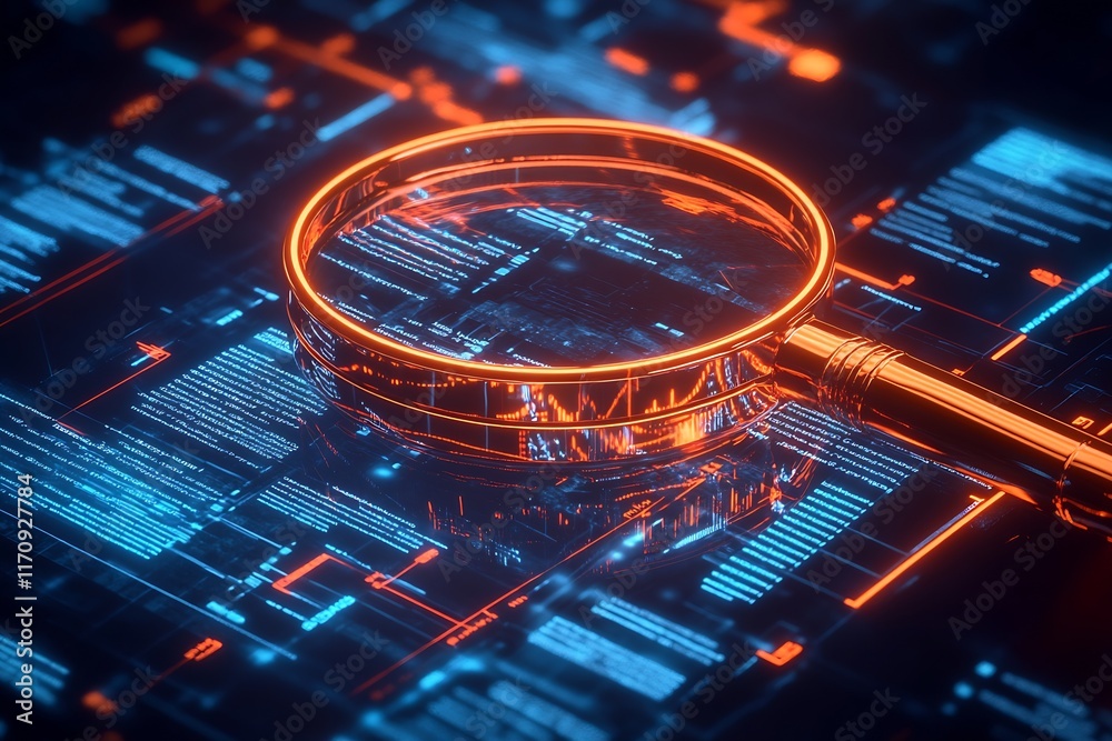Poster Futuristic Data Analysis with Magnification Glass on Digital Schematics : Generative AI