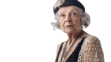 An Elegant Old Woman in a Retro Flapper Dress Perfect for Vintage Fashion Themes and Historical Illustrations.