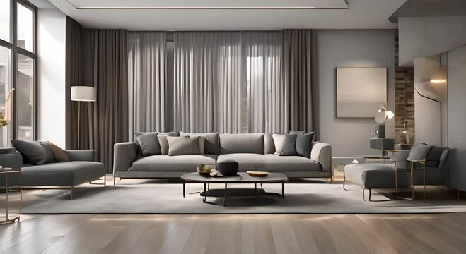 Interior apartment blinds fancy room living modern luxury furniture apartment living room couch sofa room three dimensional render rendering blind design frame furnishing grey lounge settee