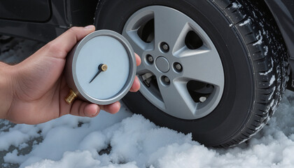 Checking tire pressure with gauge in snowy outdoor setting, winter safety