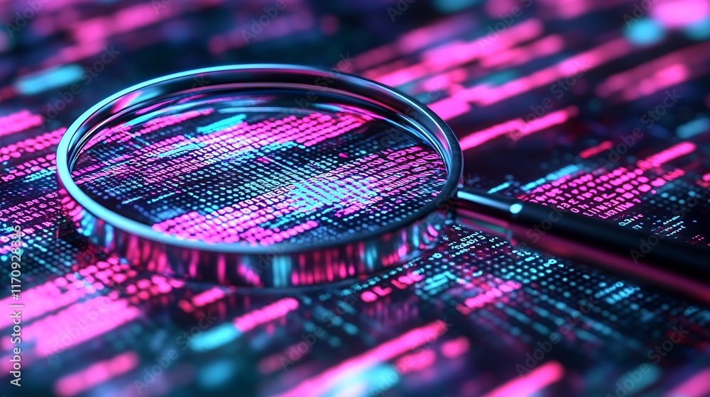 Poster Close-Up of Magnifying Glass Examining Binary Data Emphasizes Cybersecurity Analysis : Generative AI