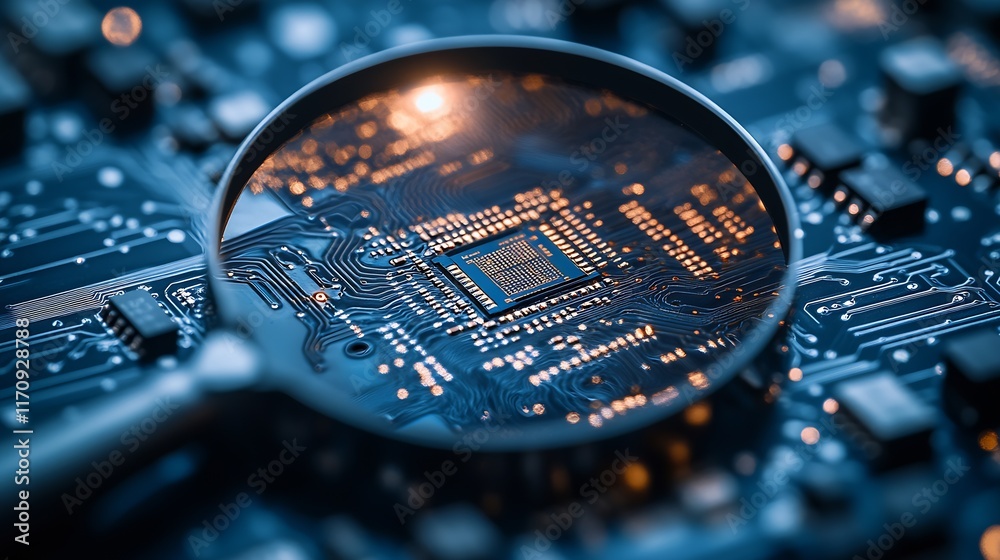 Leinwandbilder Magnifying Glass Focused on Circuit Board with Visible Silicon Chip and Detailed Circuits : Generative AI