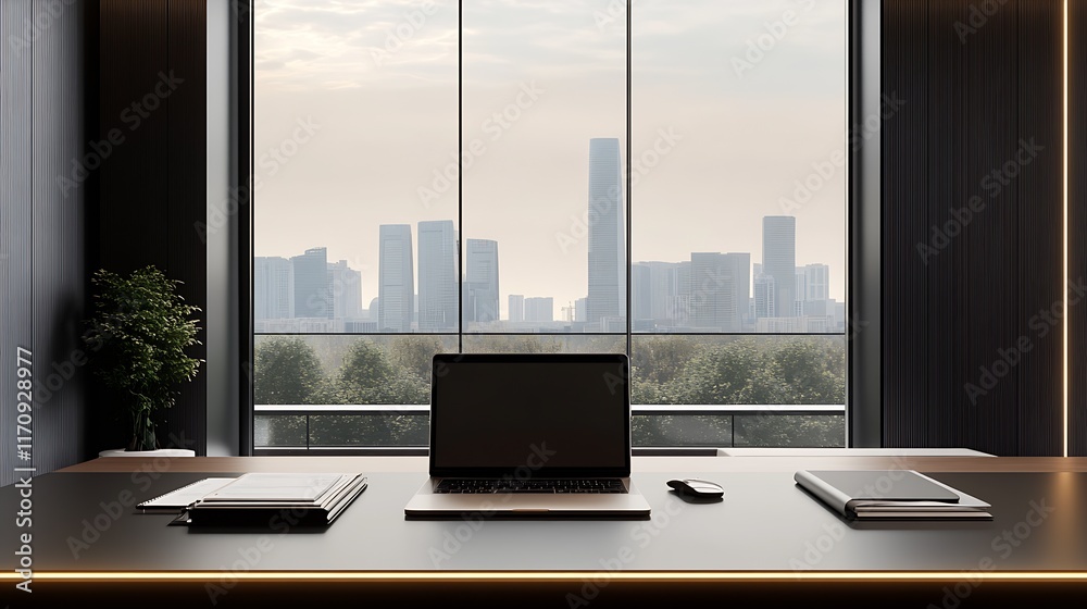 Aufkleber contemporary office workspace with laptop overlooking cityscape for business oriented environment : 