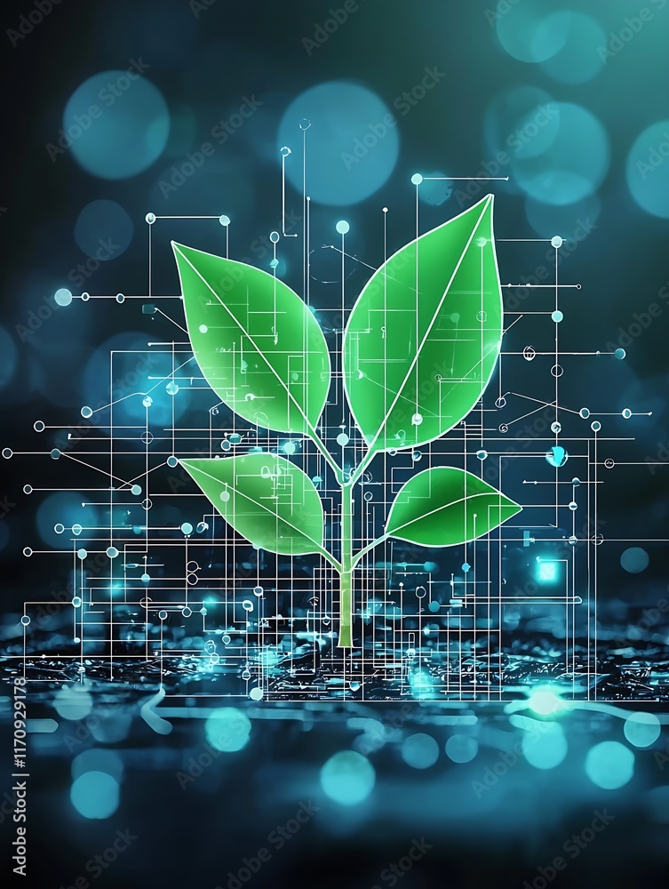 Poster innovative green technology representation with abstract digital elements around growing plant : gen