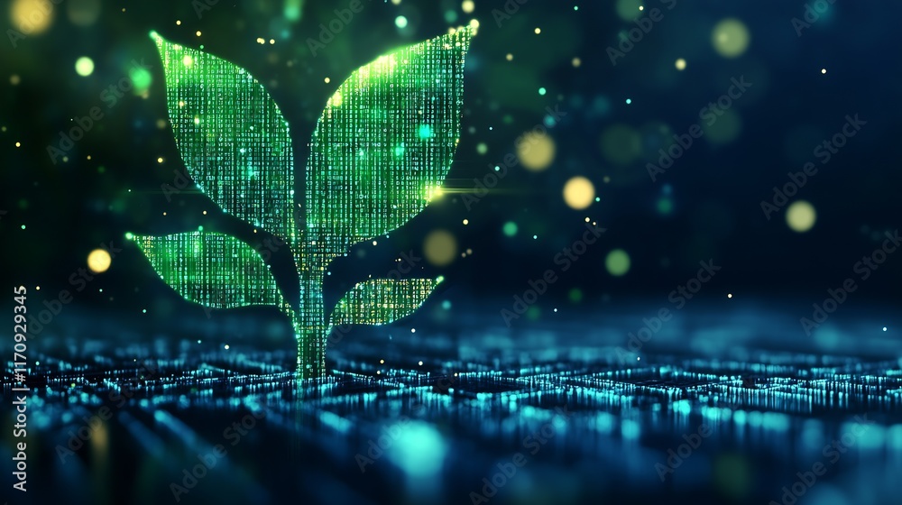 Poster Digital Plant Growing from Binary Code with Futuristic Eco-Friendly Design and Lights : Generative AI