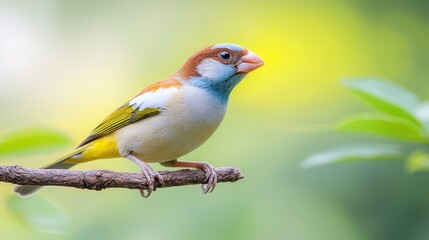 Fototapeta premium A small bird sitting on a branch with a green background