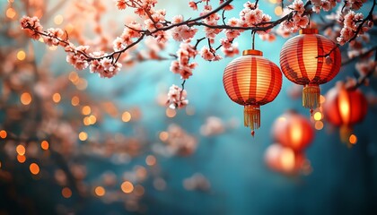 Chinese New Year banner, vibrant lanterns and blooming flowers, elegant blue background, festive 2025 celebration, ultradetailed, 8K resolution
