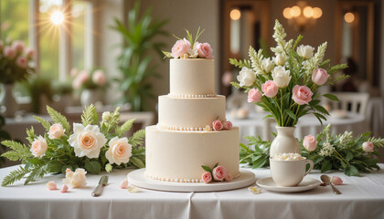 Elegant wedding cake surrounded by floral decor on table, celebration